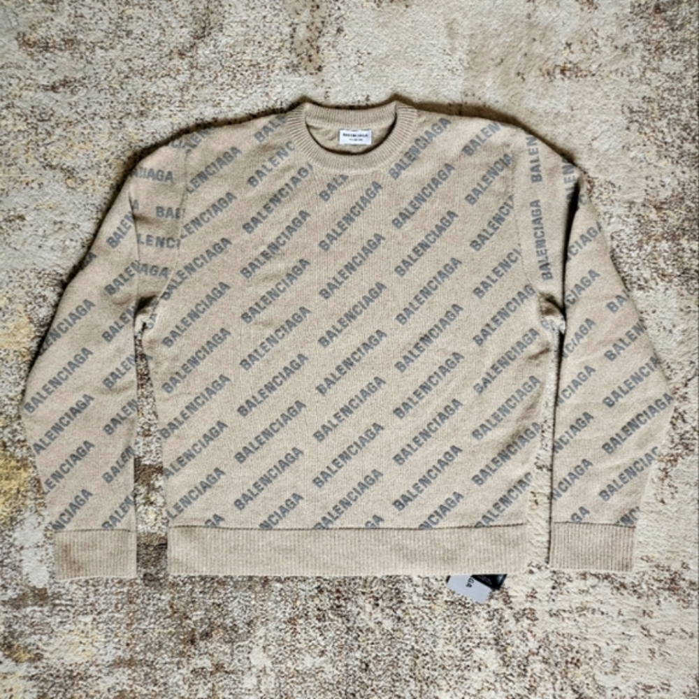 Balenciaga UNISEX Beige M L 4 6 Cashmere Reflector 3M Mini All Over Logo Sweater